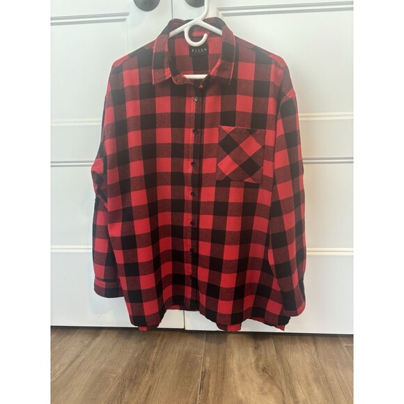 Risen Women Buffalo Plaid Flannel Top Sz Medium Red Button Up Tab Sleeves Rustic - Picture 1 of 6